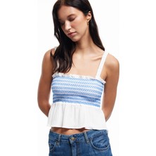 Koton Gipeli Brodeli Fisto Detaylı Kare Yaka Askılı Crop Bluz