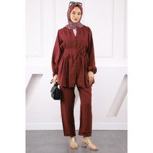 Bordo Nervürlü Tunik Pantolonlu Takım