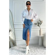 Kadın Midi Boy Pens Detaylı Yırtmaçlı Denim Mavi Etek