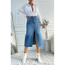 Kadın Midi Boy Pens Detaylı Yırtmaçlı Denim Mavi Etek