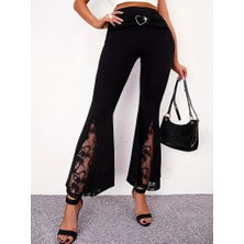 Trend Befaon Kadın Yüksek Bel Kalpli Kemer Dantel Detaylı Dalgıç Pantolon