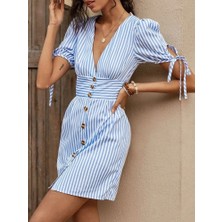 Kadın Kısa Bağcıklı Kol Kruvaze Yaka Önden Düğmeli Kısa Poplin Elbise