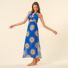 Protı Dijital Baskılı Şantuklu Polyester Elbise - Lacivert