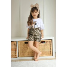 Cg Kids Minnie Mouse Yıkamalı Ince Leopar Desenli Kot Şort Alt Üst Takım Kız Çocuk