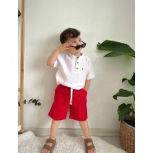 Cg Kids Kaktüs Nakışlı Müslin Hakim Yaka Gömlek Alt Ince Keten Kaktüs Baskılı Kırmızı Şort Erkek Çocuk Alt Üst Takım