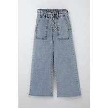 Breeze Kız Çocuk Jean Pantolon Geniş Paça Düğmeli Paçası Püskül Detaylı 10-14 Yaş, Açık Mavi