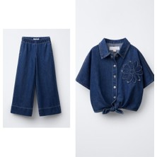 Çiçek Detaylı Denim Takım