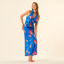 Protı Dijital Baskılı Şantuklu Polyester Elbise - Lacivert