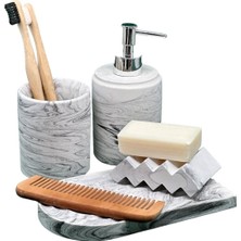 Elite 4 Parça Mermer Desenli Beton Banyo Seti Katı ve Sıvı Sabunluk Diş Fırçalık Sunum Tepsisi 1 Adet
