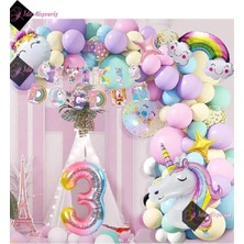 3 Yaş Karakterli Unicorn Temalı Iyi Ki Doğdun Makaron Balon Doğum Günü Parti Kutlama Seti BMCNM342