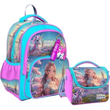 Coral High Kız Çocuklara Özel Ilkokul Çantası ve Beslenme Çantası Takım - Turkuaz Pembe Anime Kız