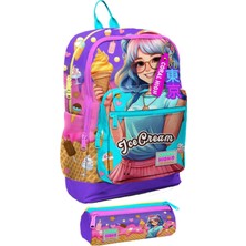 Coral High Ilkokul Kız Çocuklarına Özel Dört Gözlü Sırt Çantası ve Kalemlik Seti- Lila Turkuaz Dondurmalı Kız