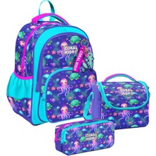 Coral High Üç Bölmeli Lavanta Turkuaz Deniz Anası, Kız Çocuk, Ilkokul Üçlü Okul Çanta Seti