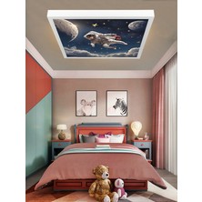 Uzay, Astronot, Yıldız Avize, 60WATT, Beyaz Işık, 60X60 Modern Kare LED Avize, Çocuk Odası Uzay