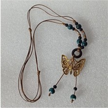 Vintage Kazak Zincir Turkuaz Yeşil Boncuk Uacıfe Boho Ahşap Kolye
