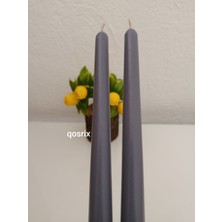 Qosrix 2'li Gri Şamdan Soya Mumu Soya Doğal Vanilya Kokulu Uzun Çubuk Konik Mum Dekoratif