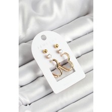 Pirinç Zirkon Taş ve Kalp Figürlü Gold Renk 3'lü Çift Kadın Küpe Set