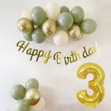 Yaş Küf Yeşili, Deniz Kumu ve Krom Gold Balonlu Konsept Doğum Günü Seti
