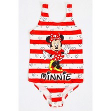 Kız Çocuk Mayo Minnie Mouse Kırmızı Çizgili Desenli Rahat Hızlı Kuruyan Mayo Deniz Havuz Plaj Mayosu