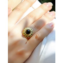 Doğal Taş Oniks Doğal Taşlı Papatya Modelli Kadın Ayarlanabilir Altın Kaplama Yüzük EUY64OG