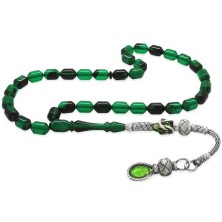 1000 Ayar Gümüş Kazaz Püsküllü Uçlu Kapsül Kesim Yeşil-Siyah Ateş Kehribar Tesbih