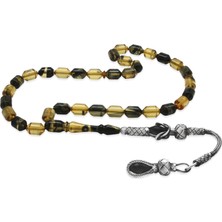 1000 Ayar Gümüş Kazaz Püsküllü Uçlu Kapsül Kesim Siyah-Beyaz Ateş Kehribar Tesbih