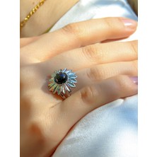 Doğal Taş Oniks Doğal Taşlı Papatya Modelli Kadın Ayarlanabilir Gümüş Kaplama Yüzük EUY64OR