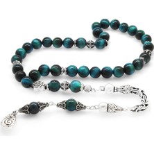 Koleksiyonluk 925 Ayar Gümüş Püsküllü Küre Kesim Turkuaz Kaplangözü Doğaltaş Tesbih