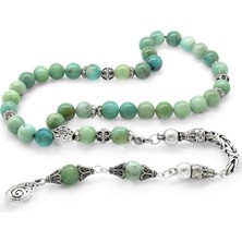 Koleksiyonluk 925 Ayar Gümüş Püsküllü Küre Kesim Amazonit Doğaltaş Tesbih