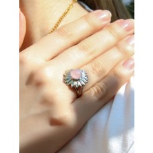 Doğal Taş Pembe Kuvars Doğal Taşlı Papatya Modelli Kadın Ayarlanabilir Gümüş Kaplama Yüzük EUY64PKR