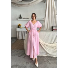 Arben Boutique V Yaka Bel Boncuk Bağlamalı Müslin Elbise Yırtmaç Detaylı - Pembe