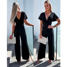 Gökyüzü Moda Kadın Kısa Kollu Kruvaze Yaka Sırt Dekolteli Pegasus Kumaş Tulum