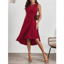 AKN Butik Kadın Sıfır Kollu Bisiklet Yaka Büzgülü Asimetrik Kesim Detaylı Janjan Krep Elbise