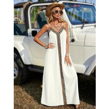 Arben Boutique Kadın Askılı V Yakalı Etnik Şerit Detaylı Uzun Viskon Elbise