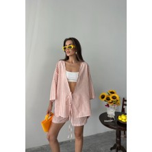 Gökyüzü Moda Çizgili Tunik -  Şort Takım - Orange