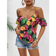 Arben Boutique Kadın Askılı Omuzlardan Açık Çiçek Baskılı Bluz