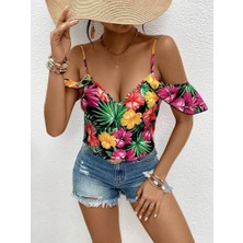 Arben Boutique Kadın Askılı Omuzlardan Açık Çiçek Baskılı Bluz