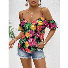 Arben Boutique Kadın Askılı Omuzlardan Açık Çiçek Baskılı Bluz