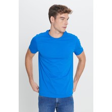 Altınyıldız Classics Erkek Saks Mavi %100 Pamuk Slim Fit Dar Kesim Bisiklet Yaka Tişört