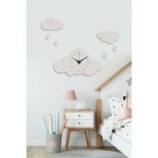 Ahşap Beyaz Bulutlu Çocuk Odası Duvar Saati (Ahşap Sticker Bulut ve Yağmur Damlası Hediyeli)