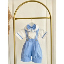 Erkek Bebek Çocuk Bebe Mavi Poplin Kumaş Şortlu Önlüklü Salopet Alt Üst Takım
