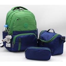 Ilk Okul Çantası 3'lü Seti Unisex Çocuk Ilkokul Çantası BVT-8010 Yeşil-Lacivert