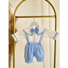 Erkek Bebek Çocuk Bebe Mavi Poplin Kumaş Şortlu Salopet Alt Üst Takım