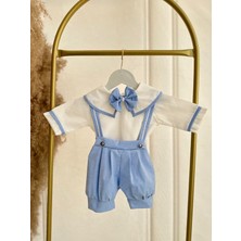Erkek Bebek Çocuk Bebe Mavi Poplin Kumaş Şortlu Salopet Alt Üst Takım