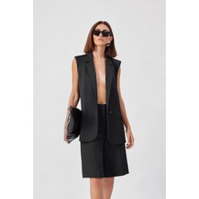 Kadın Siyah Lui Long Waistcoat Kruvaze Yaka Yelek