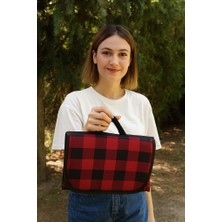 Kendinden Çantalı Kırmızı Siyah Ekose Piknik Örtüsü 150X150 cm Taşınabilir Cırtlı Piknik Matı, Taşıma Kordonlu, Ince Katlanabilir Örtü