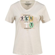 2AS Alone Kadın V Yaka Baskılı T-Shirt Yeşil Standart Kol L Beden Doğa Dostu Pamuk Kumaş
