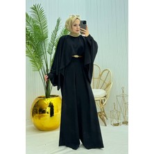 Neşeli Butik Kadın Pelerinli Kemer Detaylı Tesettür Tulum %100 Polyester Siyah Renkli Şık Tasarım