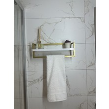 Defne Banyo Ahşap Raflı Gold Metal Havlu, Şal Askılık