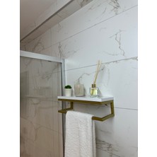 Fulya Banyo Ahşap Raflı Gold Metal Havlu, Şal Askılık